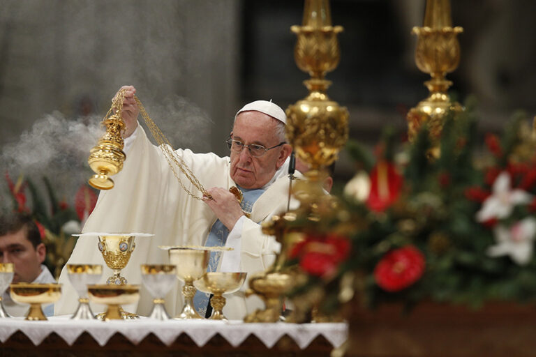 Pope Francis uses incense as he celebrates Mass marking the feast of Mary, Mother of God, in St. Peter's Basilica at the Vatican in this Jan. 1, 2017, file photo. Conflict, climate change and poverty are driving the demise of the tree that produces frankincense resin. (CNS photo/Paul Haring)
